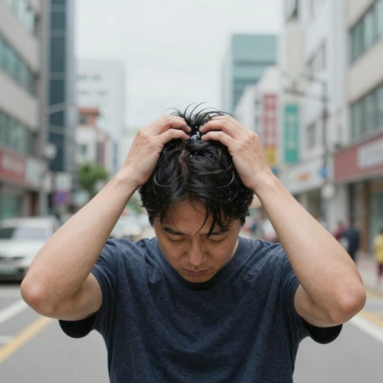 귀에 물이 들어간 사람이 고개를 기울여 물을 빼는 모습