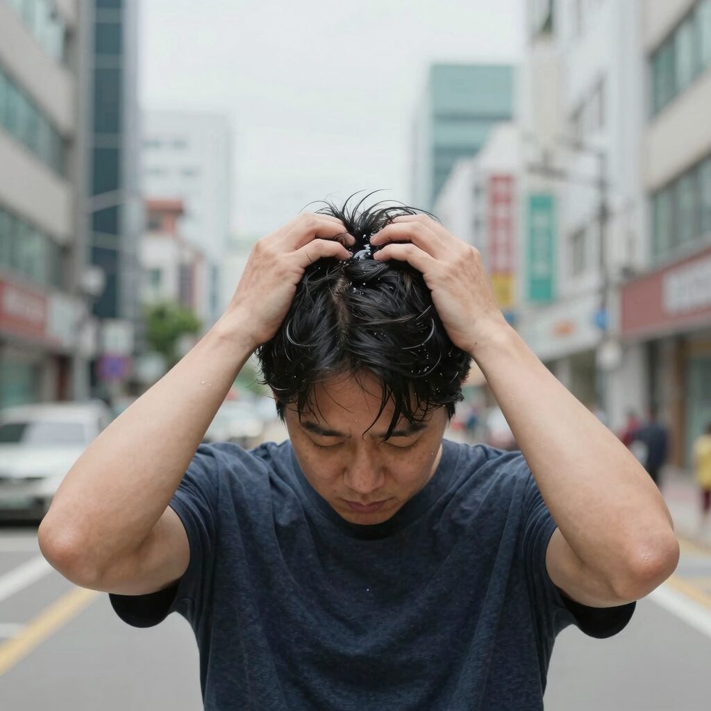 귀에 물이 들어간 사람이 고개를 기울여 물을 빼는 모습