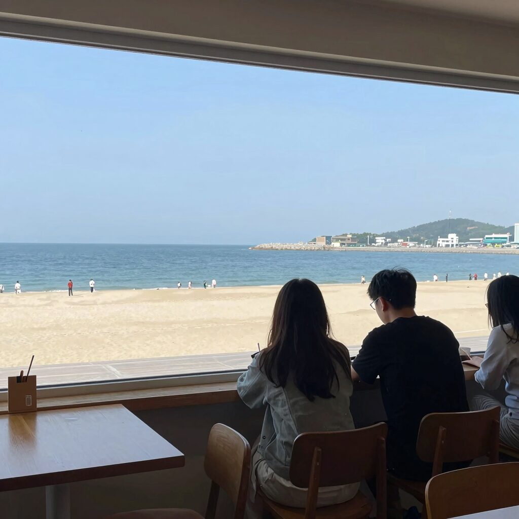 평대리 해수욕장 창밖 풍경이 보이는 카페 내부 사진