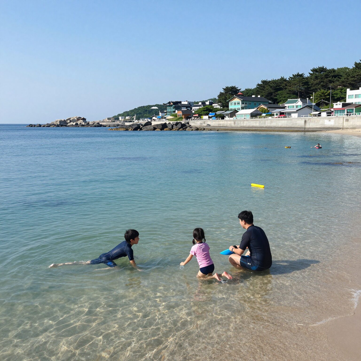 삼척 갈남항 펜션에서 바라본 동해바다와 갈남항 해변의 맑은 물, 스노쿨링하는 가족 모습