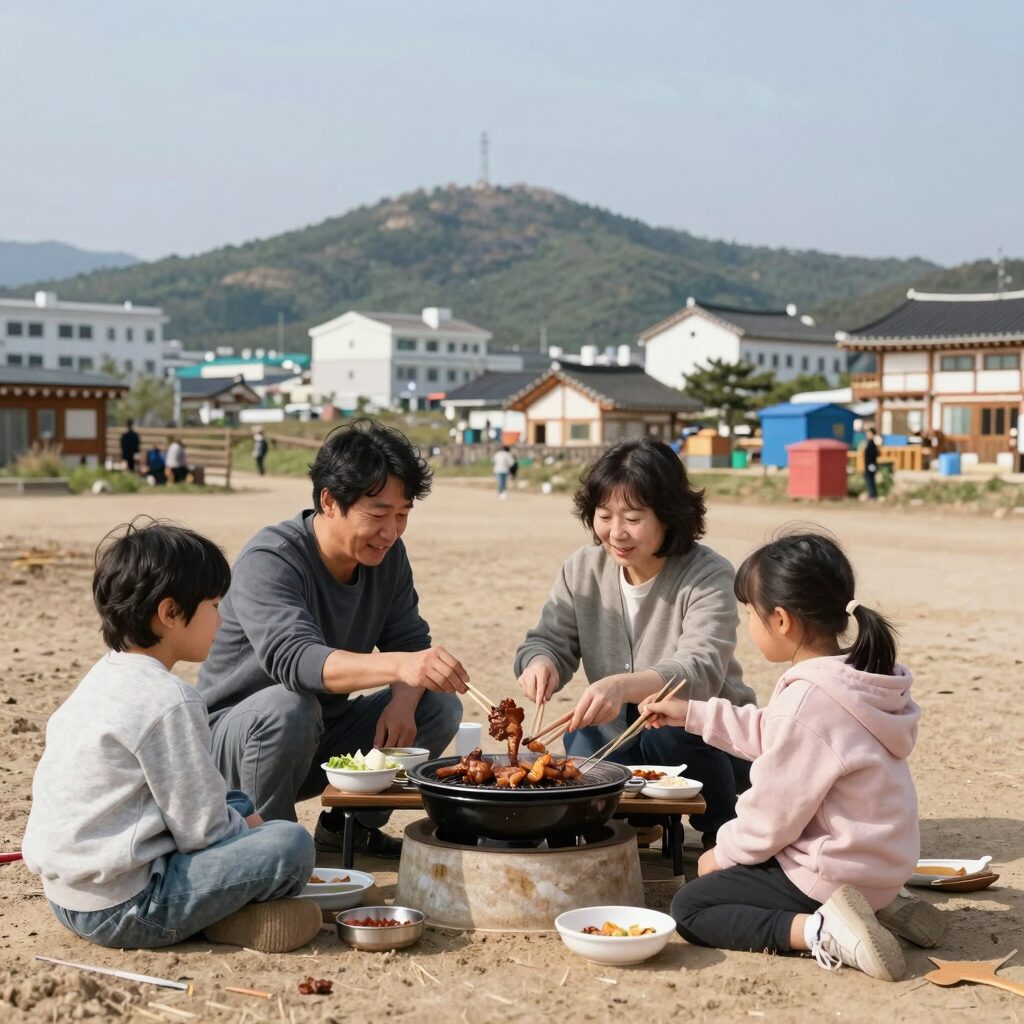 영암 기찬랜드 평상에서 삼겹살을 구워 먹는 가족 모습