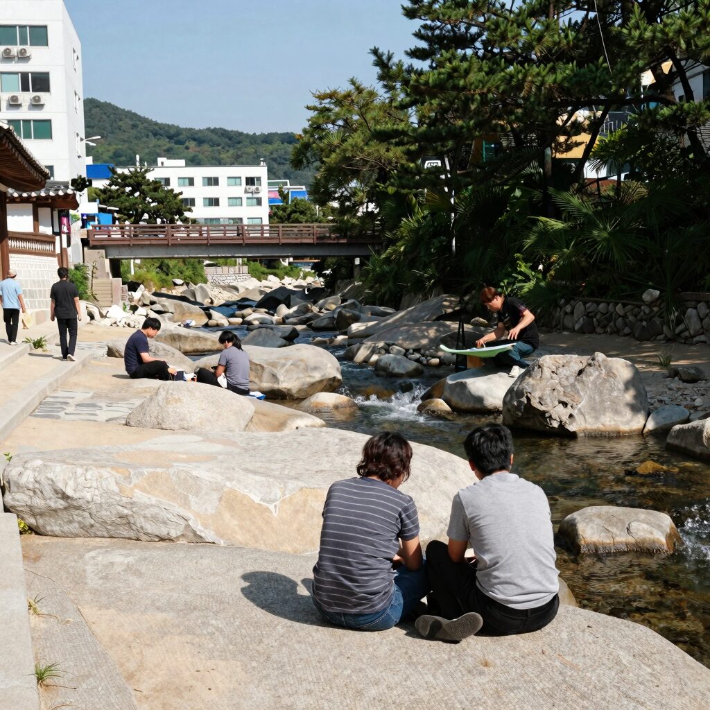 화순 동가리계곡 평상 그늘과 계곡 전경