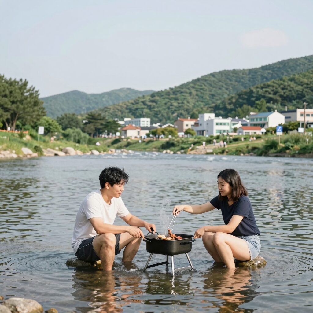괴산 쌍곡계곡 동궁쉼터 평상에서 즐기는 물놀이와 바베큐 모습