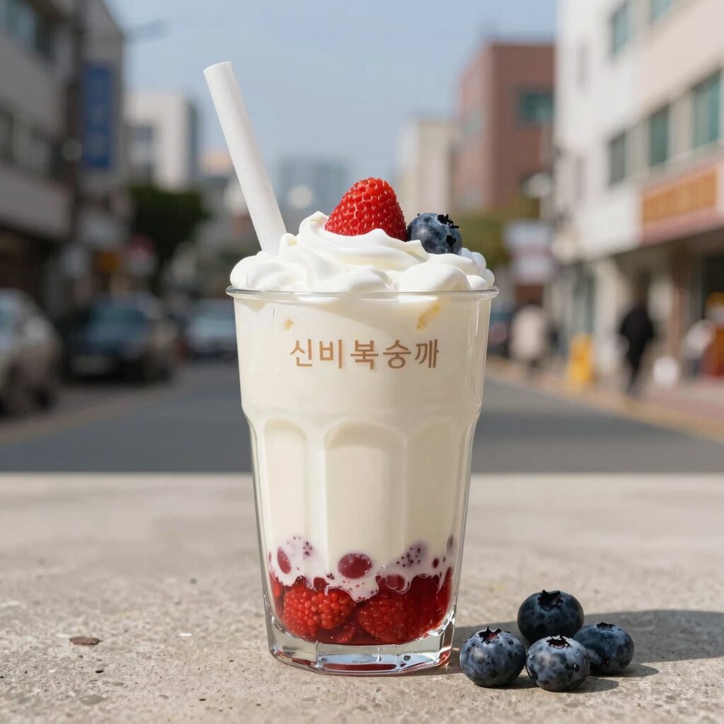 신비복숭아 요거트 스무디 재료와 완성된 음료 사진