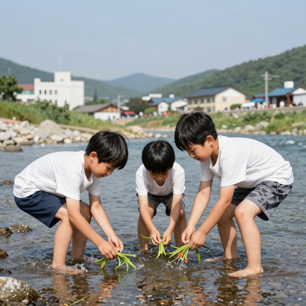 연천 동막계곡에서 아이들이 맑은 물속에서 다슬기를 잡으며 즐거워하는 모습