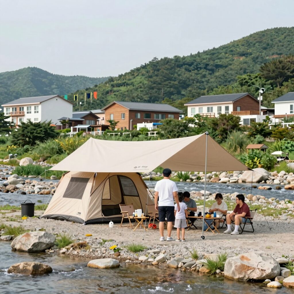 군위 동산계곡 솔밭야영장 평상과 지붕 시설 계곡 물놀이 가족