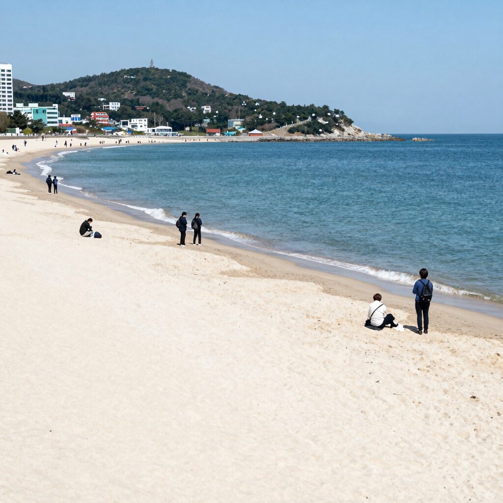 포항 오도리해수욕장의 넓은 백사장과 맑은 동해 바다가 펼쳐진 풍경