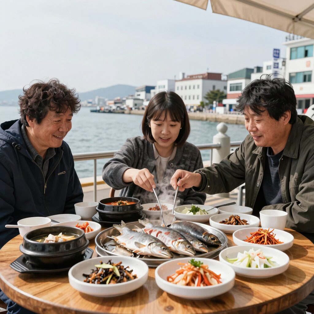 목포 민어거리 영란횟집에서 제공하는 민어회와 반찬 구성