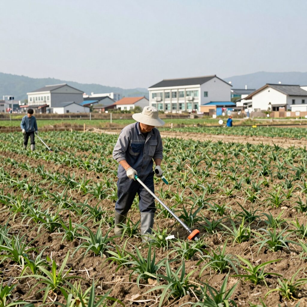 잡초가 무성한 밭에서 제초작업을 하는 모습. 농부가 예초기를 사용하고 있음