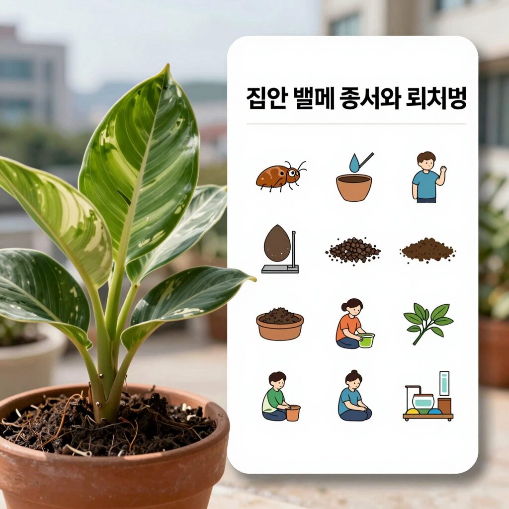 집안 벌레 종류와 퇴치법을 설명하는 표와 함께 은행잎과 화분 관리 이미지