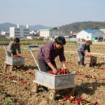고추따는 의자로 농사일 수월하게 바꾸는 방법 농업용 고추따는 의자를 밭에서 사용하는 모습. 허리 부담 없이 편안하게 고추를 수확하는 장면.
