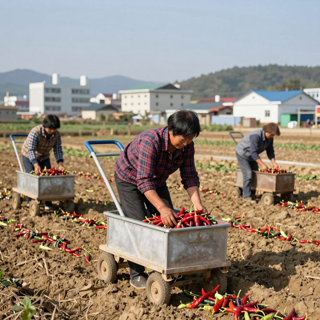 농업용 고추따는 의자를 밭에서 사용하는 모습. 허리 부담 없이 편안하게 고추를 수확하는 장면.