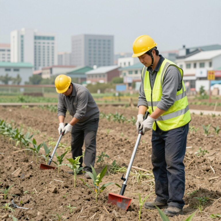 예초기 줄날 장착 모습과 안전 장비 착용 예시