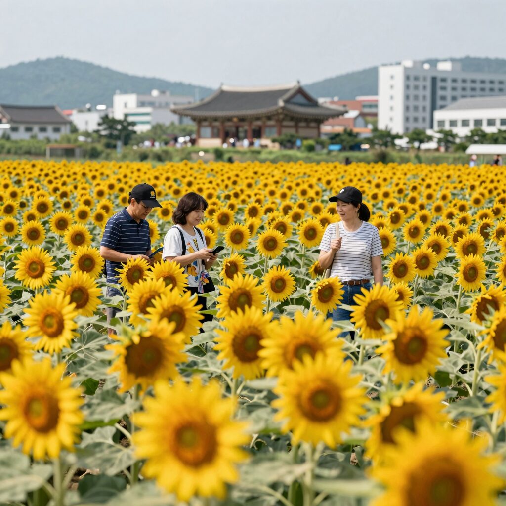 8월에 활짝 핀 해바라기 밭의 모습