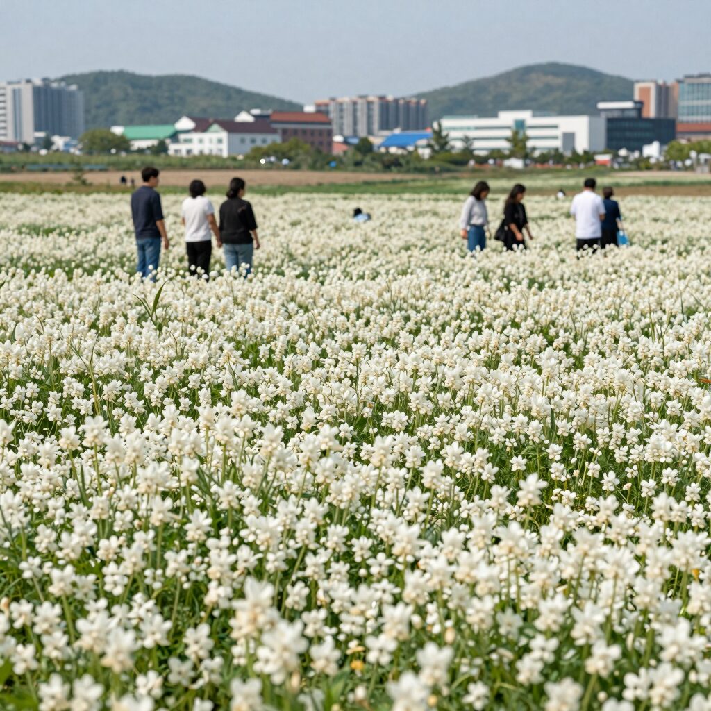 양양 서면 메밀밭에서 흐드러지게 핀 하얀 메밀꽃과 은은한 양양 메밀꽃향기를 표현한 풍경 사진