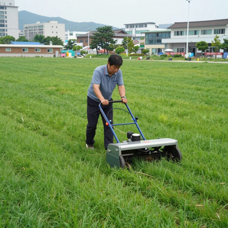 수동 잔디깎기 기계로 잔디를 깎은 전후 모습 비교