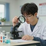 과학고 자소서 쓰는 법을 설명하는 일러스트, 돋보기와 실험도구 이미지