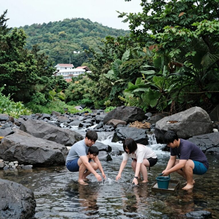 제주 돈내코 야영장 계곡에서 물놀이하는 모습과 주변 숲 풍경