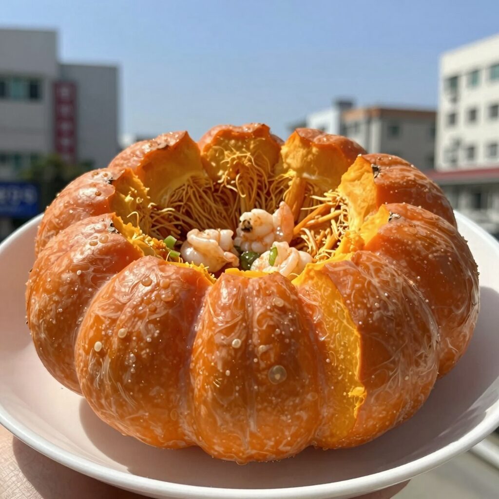 둥근호박을 도톰하게 썰어 접시에 담은 모습으로 새우젓볶음 요리 준비 과정