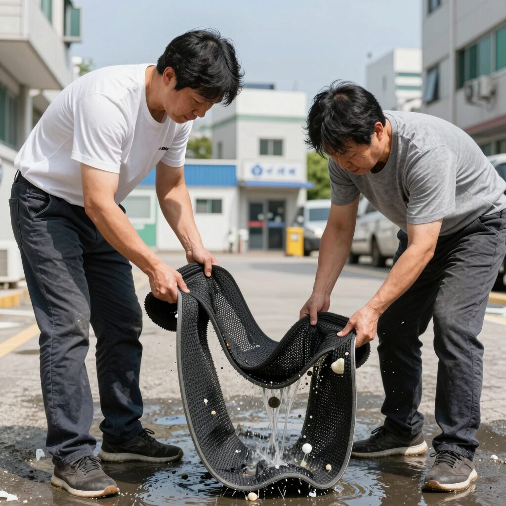 전문 업체에서 카시트 곰팡이 제거를 위해 분해한 후 고압수 세척하는 모습