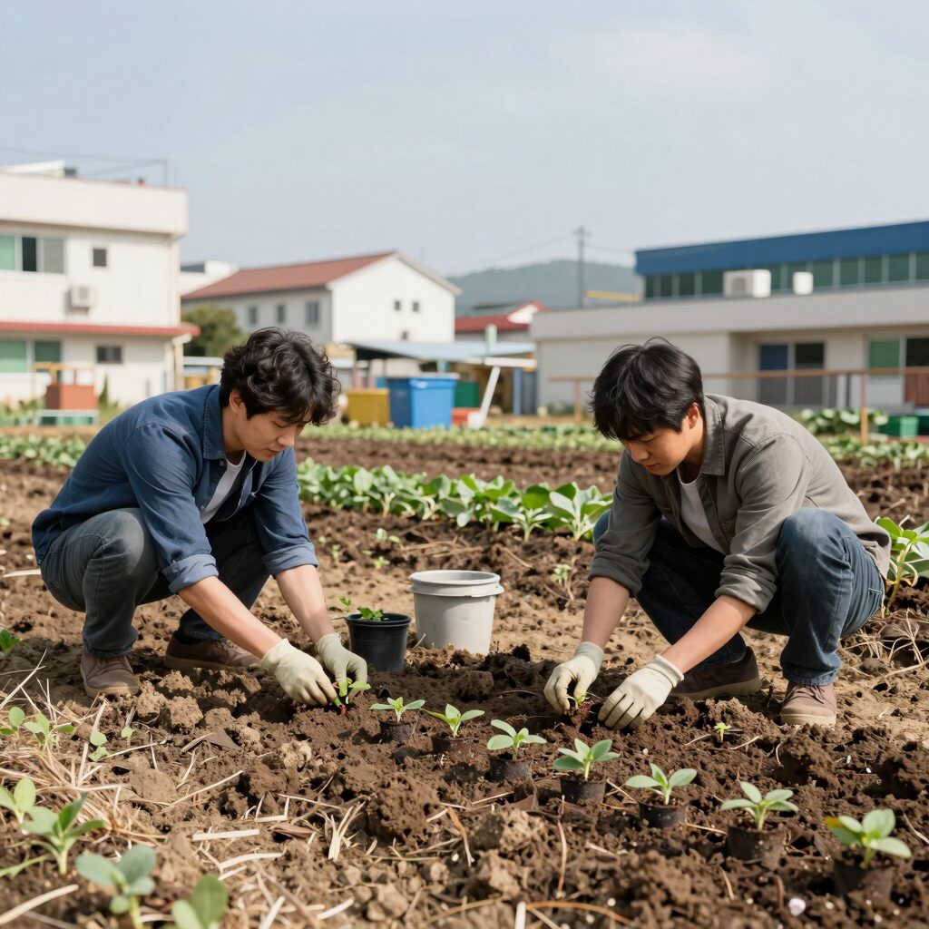 가을 콜라비 모종을 텃밭 두둑에 정식하는 모습