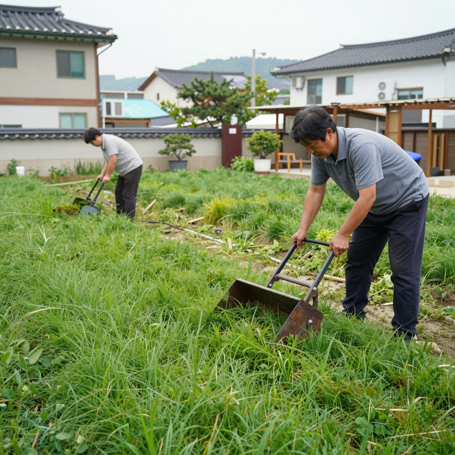 조용한 수동잔디깍는기계로 마당 잔디를 정리하는 모습