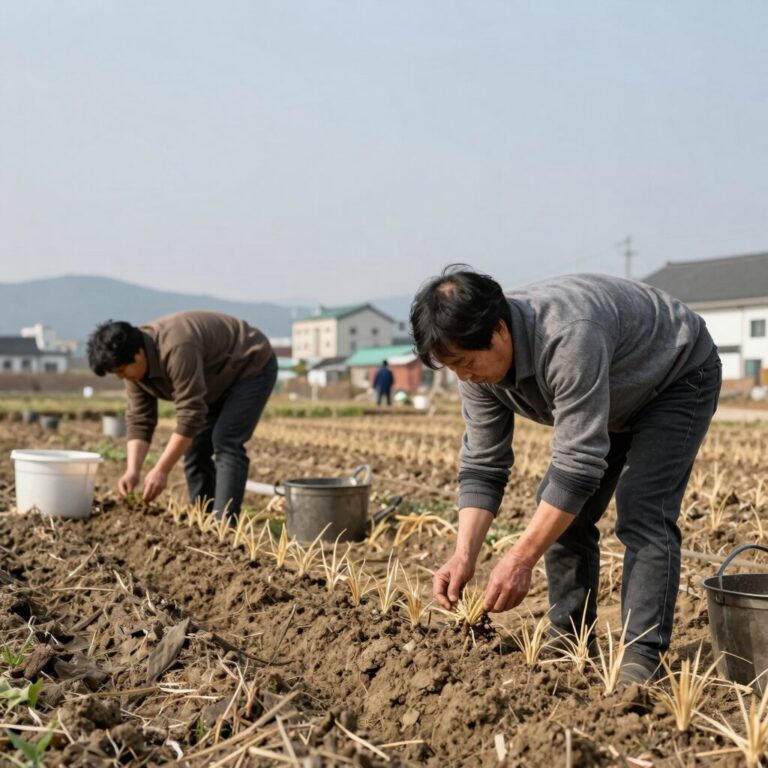 김장무 씨앗을 손에 들고 밭에 심을 준비하는 모습