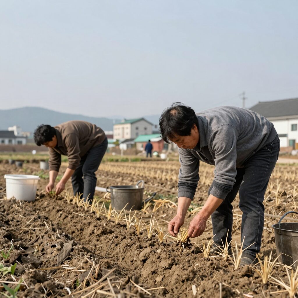 김장무 씨앗을 손에 들고 밭에 심을 준비하는 모습