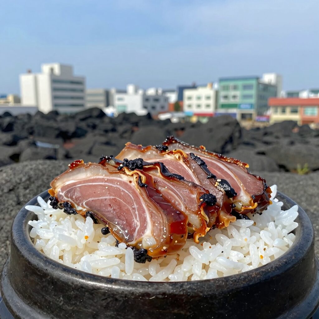 제주 월령포구 맛집 온기담은밥상의 돔베고기가 도마 위에 담겨 나온 모습, 겉은 바삭하고 속은 촉촉한 수육
