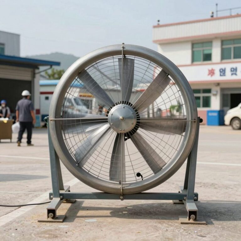 작업장 중앙에 설치된 24인치 대형 선풍기가 강력한 바람을 보내는 모습
