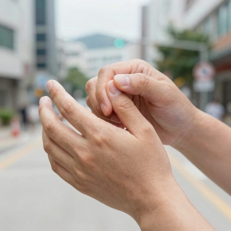 모기물린곳부음 부위를 냉찜질로 가라앉히는 모습