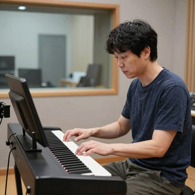 방예담 아버지 방대식이 녹음실에서 음악 작업을 하는 모습. 키보드와 모니터 앞에 앉아 집중하고 있다.