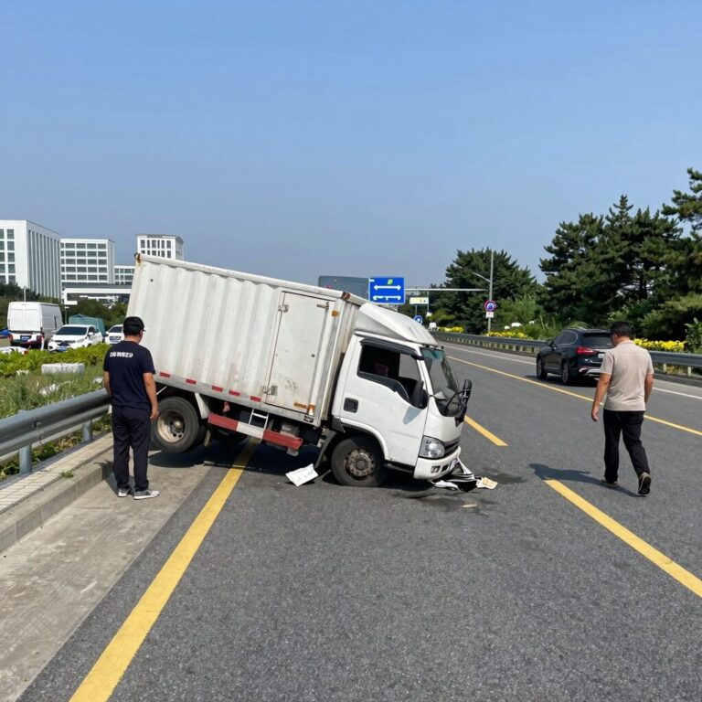 고창담양고속도로 화물차 낙하물 사고 현장 사진. 중앙분리대가 파손되고 전복된 화물차가 보인다.
