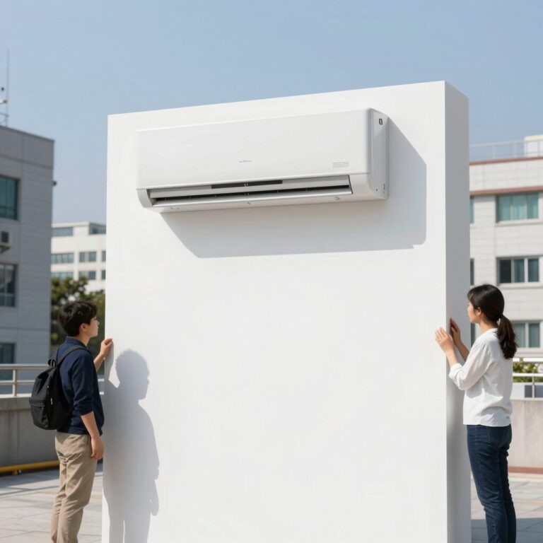 에어컨 날개 각도를 위쪽으로 조절해 간접 냉방을 구현하는 설치 예시