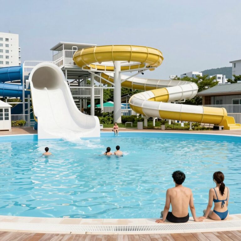 무주 알로프랑스 수영장 워터슬라이드와 온수풀 전경