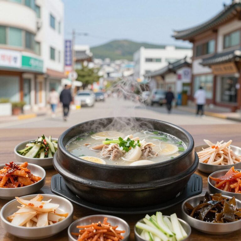 안양 연건삼계탕 뚝배기에 보글보글 끓는 삼계탕과 주변 반찬