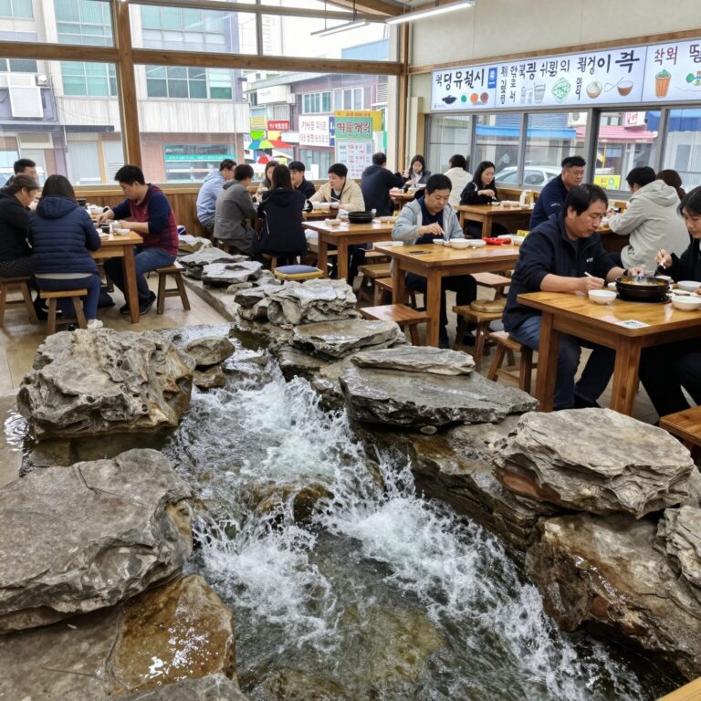 안양 유원지 계곡 백숙집 폭포수식당 내부 인공폭포와 테이블
