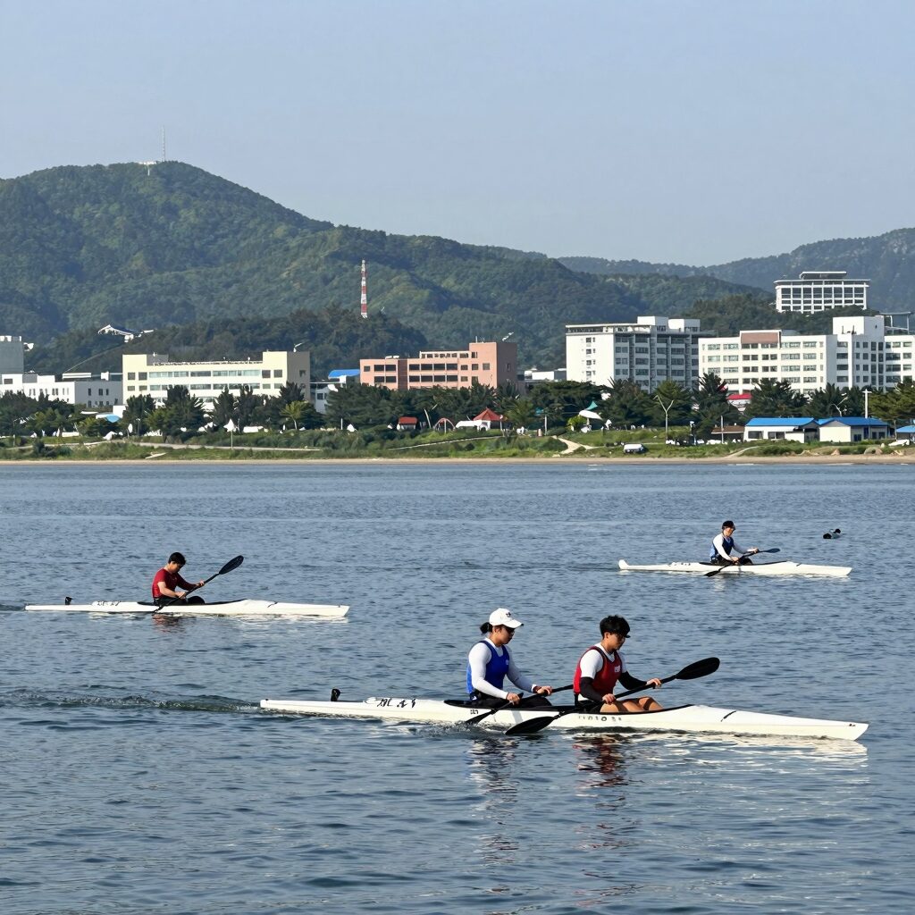 김포 아라마리나 해양레저스포츠 체험장 전경 수상자전거와 카약이 준비된 모습