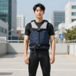 아레나 구명조끼 슬림핏 성인용 라이프자켓 선택 아레나 슬림핏 성인용 구명조끼를 착용한 모습으로, 슬림한 디자인과 밀착감이 강조됨