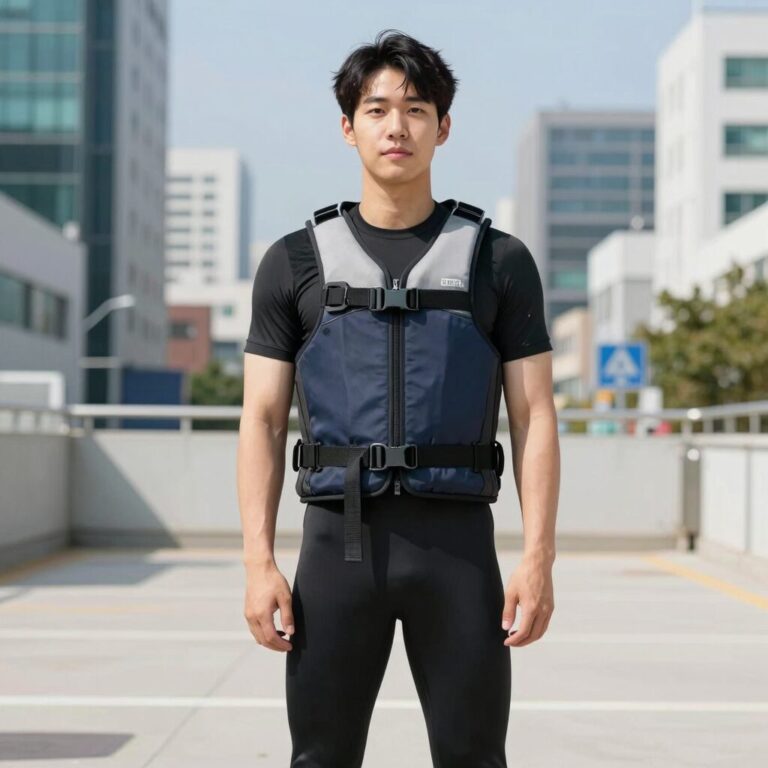 아레나 슬림핏 성인용 구명조끼를 착용한 모습으로, 슬림한 디자인과 밀착감이 강조됨