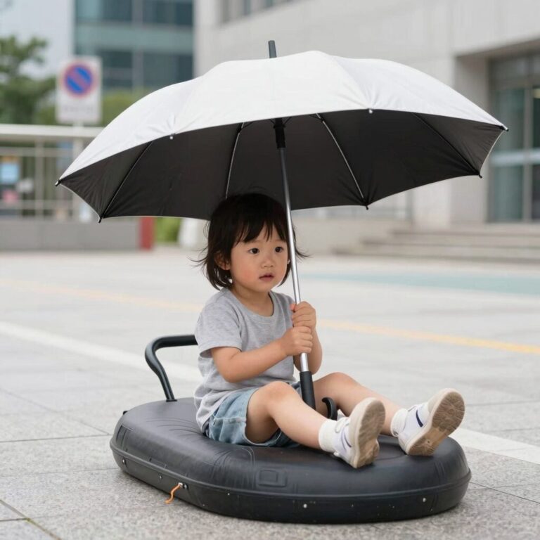 아기가 파라솔이 달린 보행기튜브에 앉아 핸들을 잡고 있는 모습