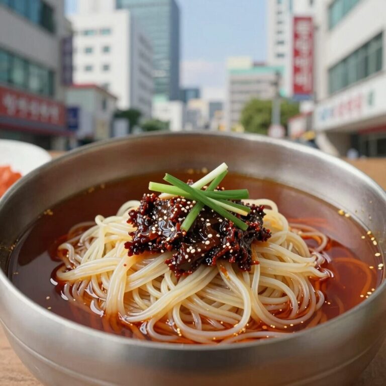백종원 비빔냉면 양념장과 고명이 올려진 완성된 비빔냉면 사진