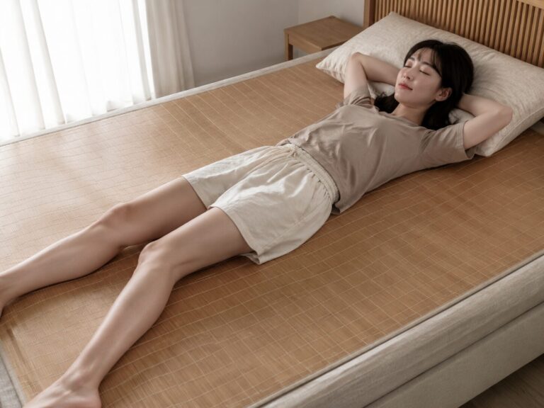 침대 위에 깔린 대나무 돗자리 매트 시원한 여름 잠자리