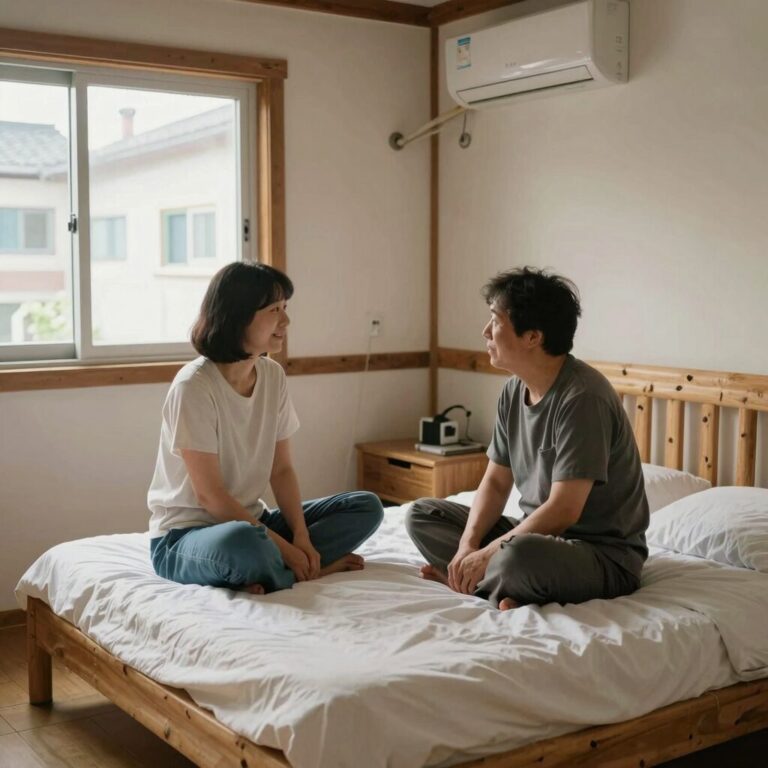 여름철 대나무 자리 위에 죽부인을 함께 배치한 침실 모습