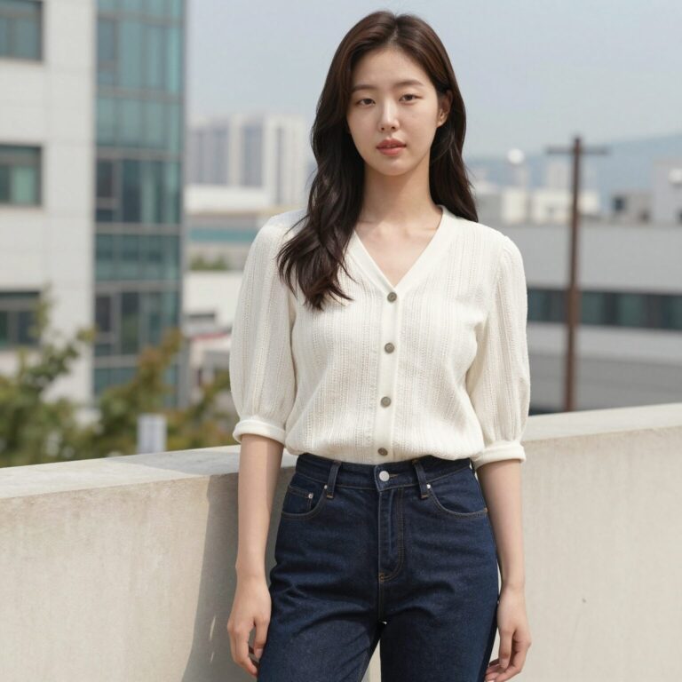 모델이 베네통 블라우스를 입고 자연스러운 포즈를 취한 모습. 블라우스의 컬러와 디테일이 돋보인다.