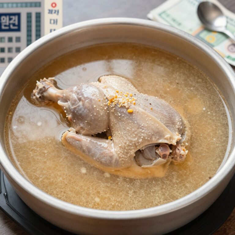 흑임자 삼계탕 한 그릇이 테이블 위에 놓여 있다. 국물은 연한 회갈색이고 깨 알갱이가 보이며 닭다리가 보인다.