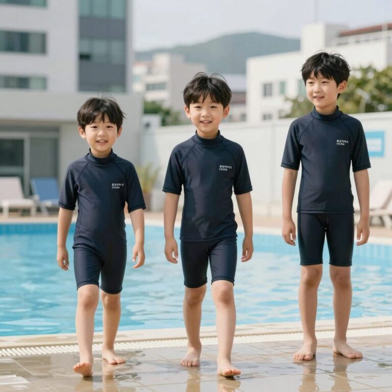 블랙야크 키즈 래쉬가드 세트 120 사이즈를 입고 물놀이하는 아이