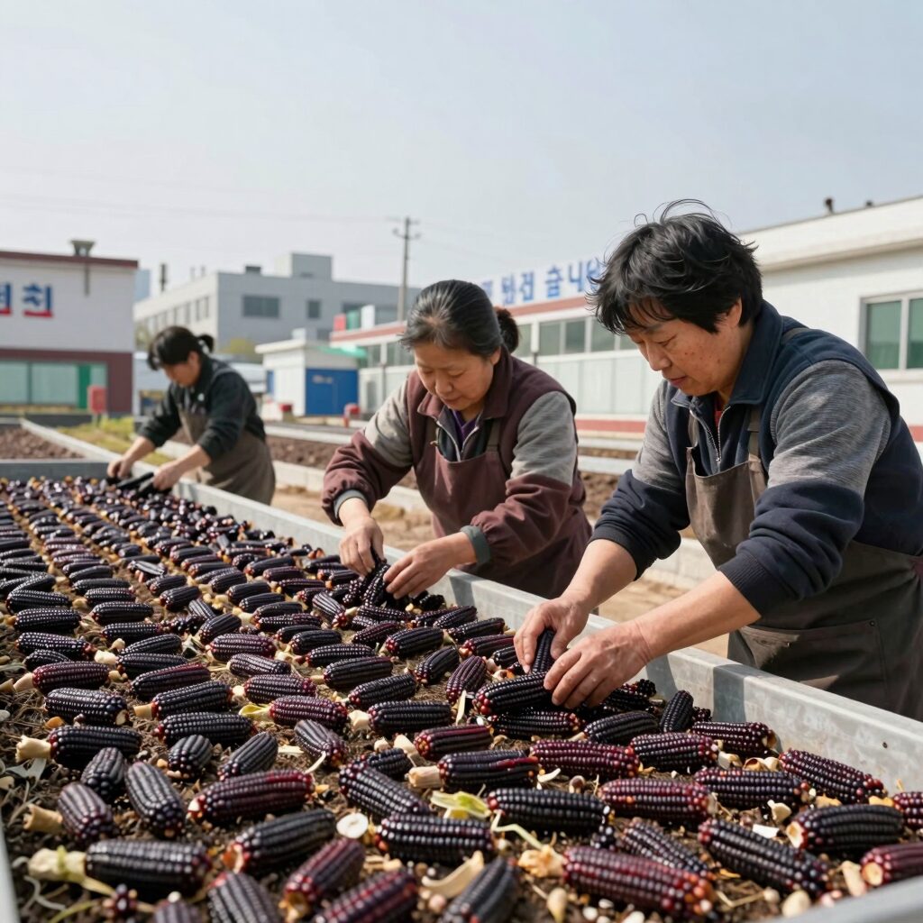 삶은 찰옥수수를 식힌 후 랩으로 감싸 냉동 보관하는 과정