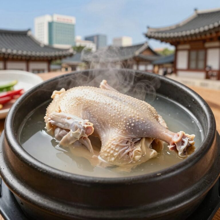 뜨끈한 삼계탕 그릇 위로 김이 모락모락 피어오르는 복날 이미지, 한방 재료와 닭다리가 보인다