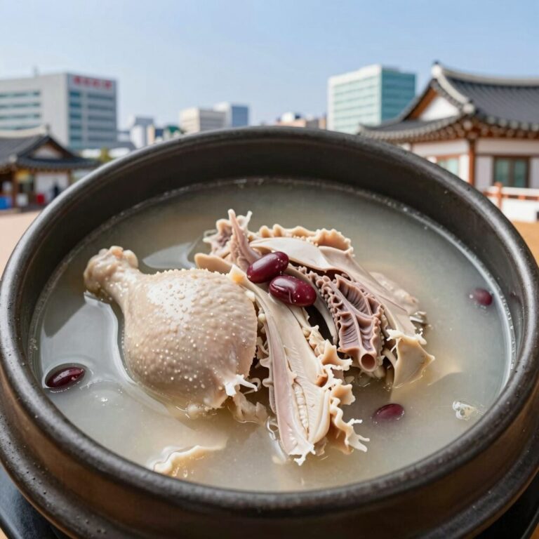 본가 삼계탕 십전 특제 삼계탕 사진 닭고기와 병아리콩이 보이는 그릇
